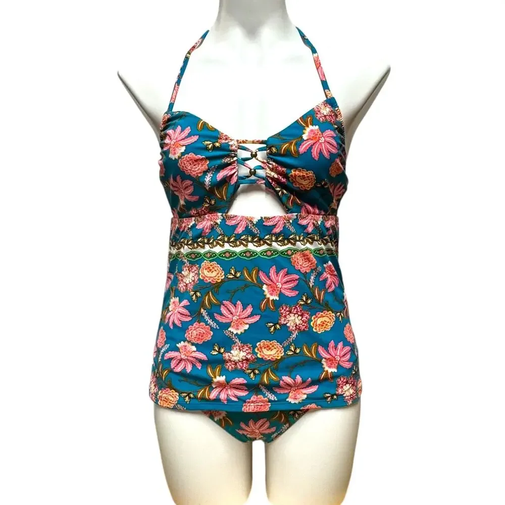 Nanette Lepore Polynesian Floral Tankini 2-Piece Swimsuit Blue Pink 6